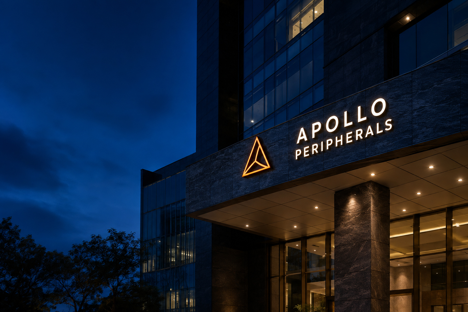 Illustration of an Apollo Peripherals branded office entrance at dusk