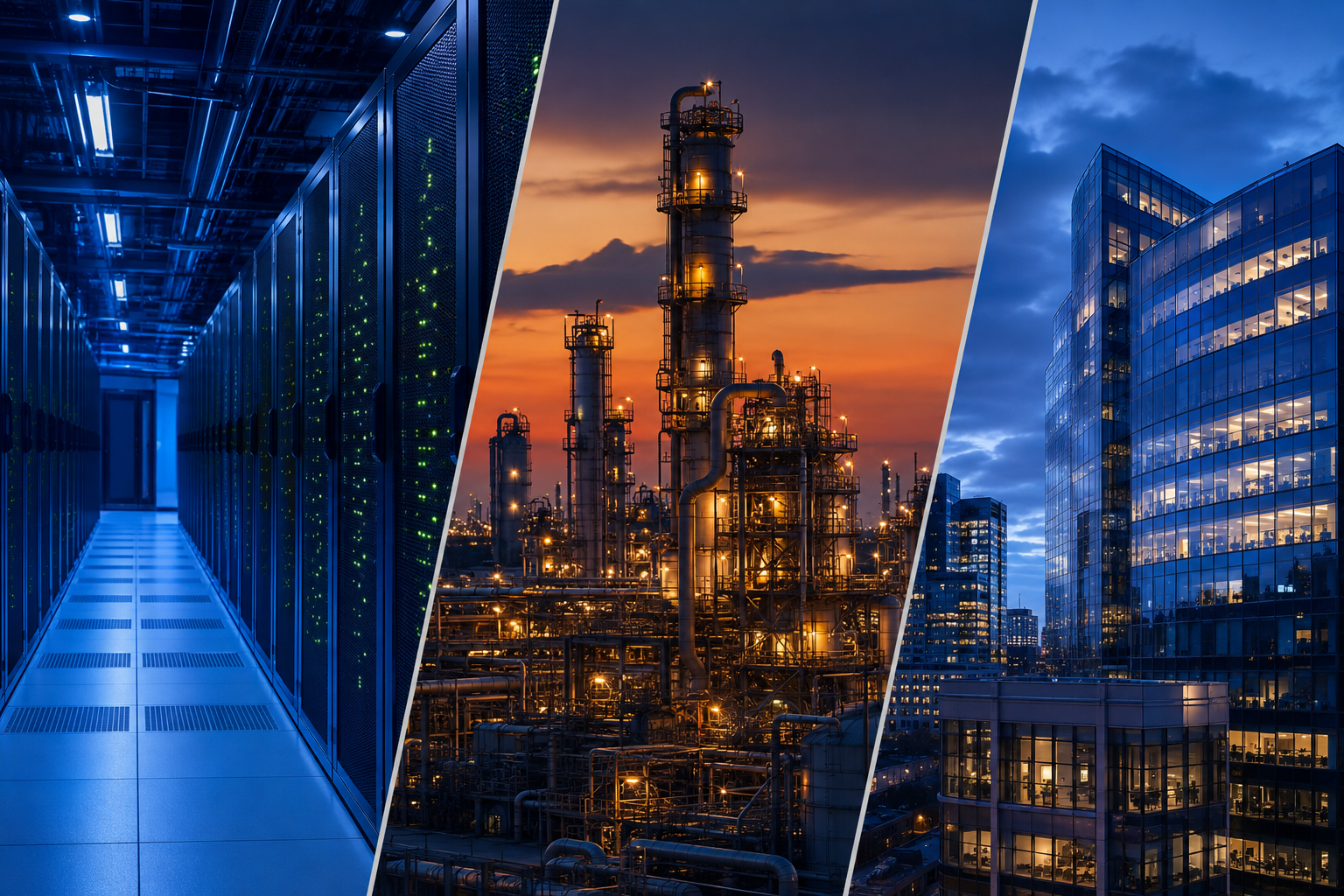 Data center, manufacturing refinery and corporate offices at dusk